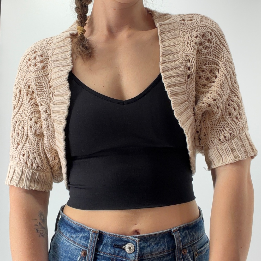 Vintage Y2K Pointelle Knit Cropped Shrug Cardigan Size S Crochet Boho Fairy